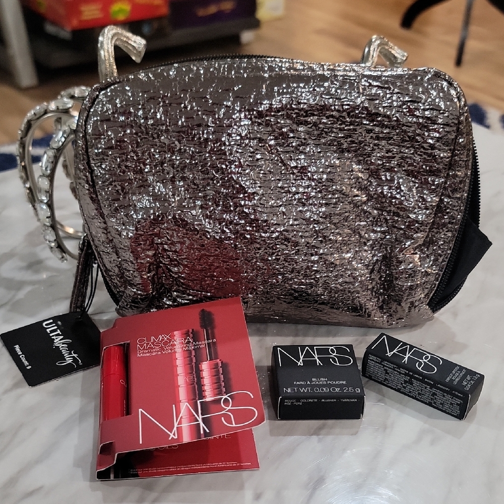 Ulta Metallic Silver Cosmetic Bag With NARS Travel Size Makeup